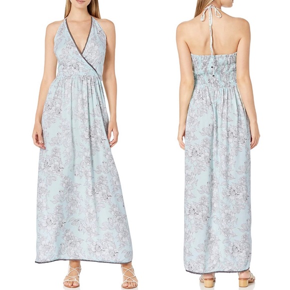Soft Mint Floral Tie Back Halter Deep V Maxi Dress - Picture 3 of 3